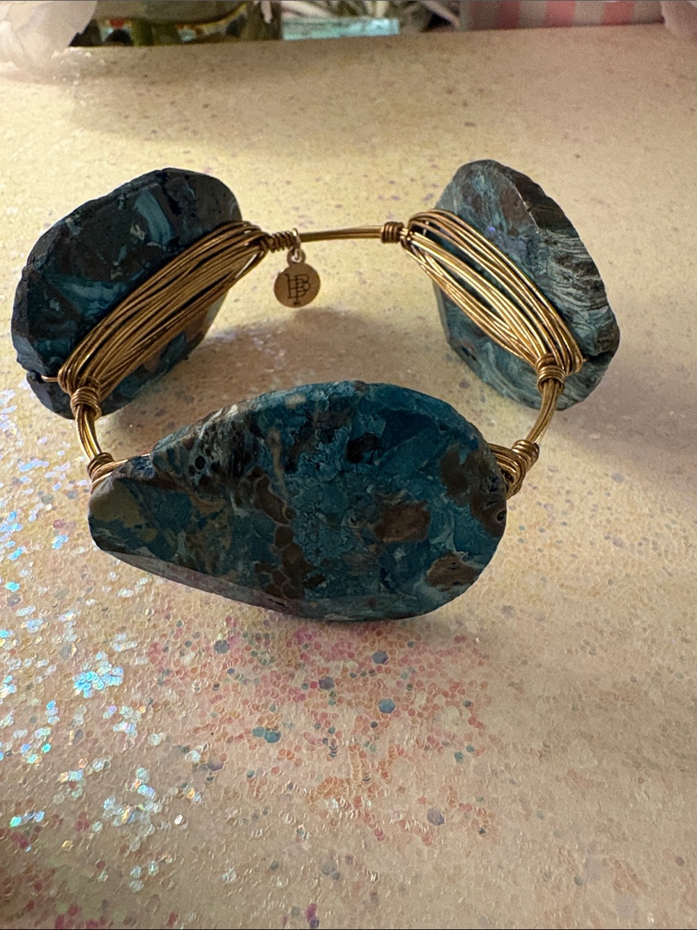 Handcrafted Large Teal Stone and Gold Wire Wrap Bracelet - Designer